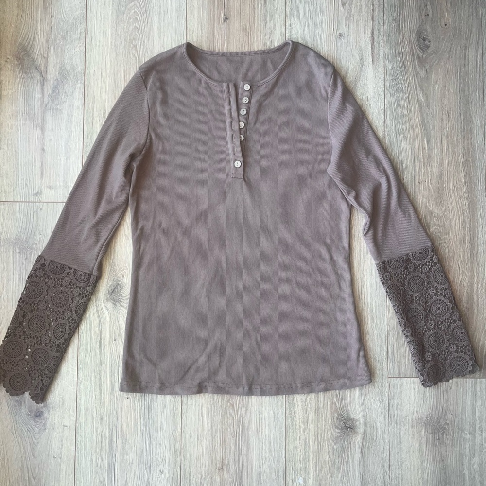 Women's Lace Sleeve Top - Brown size M Boho Hippie